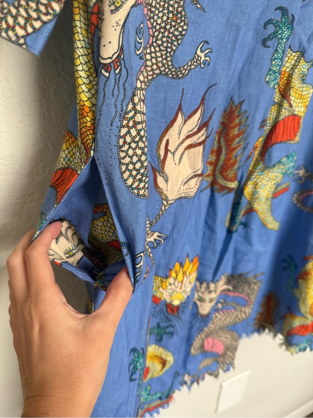 NWT Dizzy Lizzie French Blue Dragon Print Chatham Dress XS Cotton Linen Whimsy - Picture 5 of 8